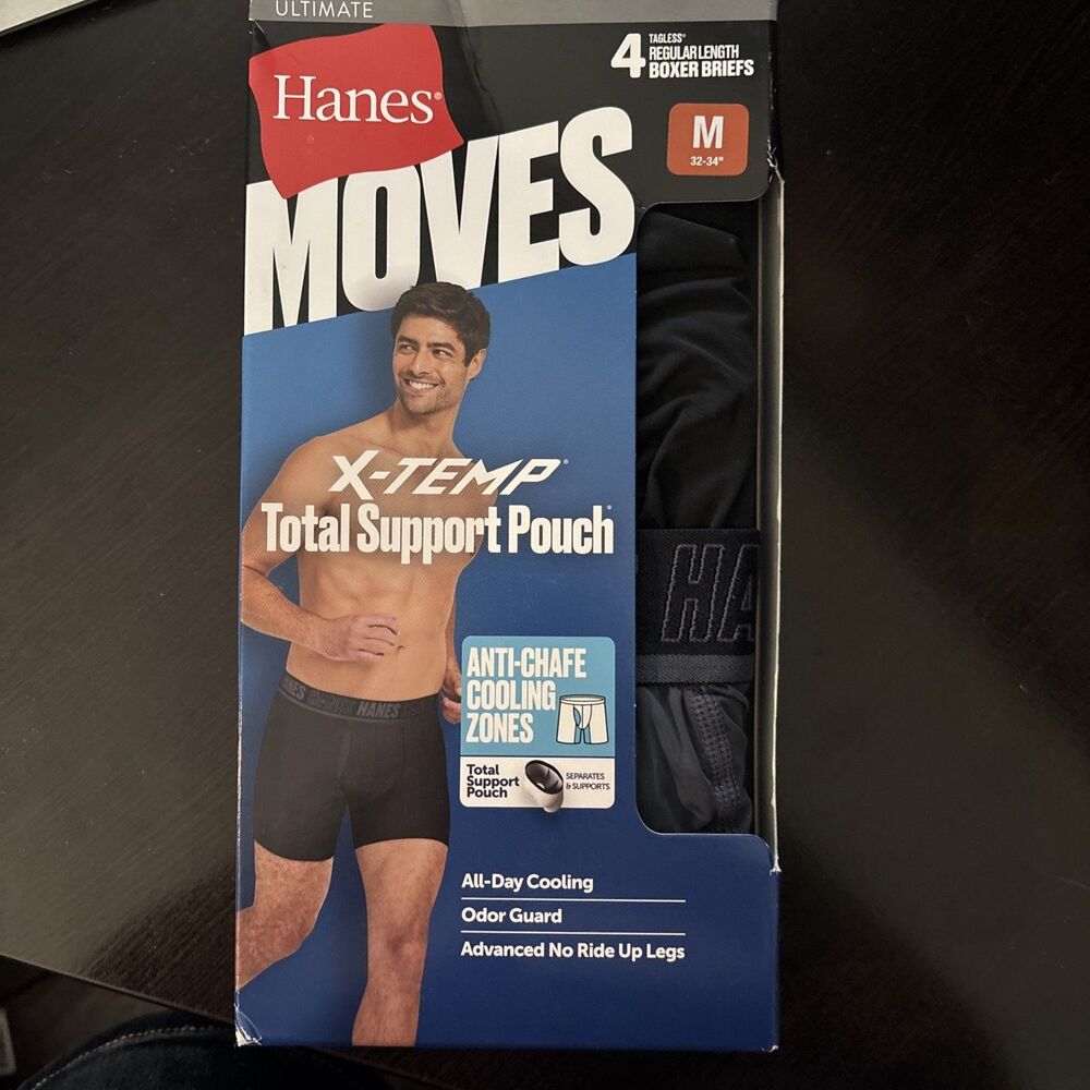 Hanes Moves X Temp Trunks Mens Medium 4 Pack Total Support Pouch Black/Gray $44